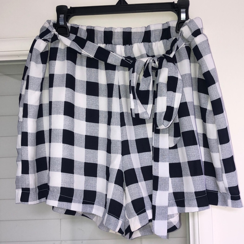 Navy and white gingham shorts with tie
